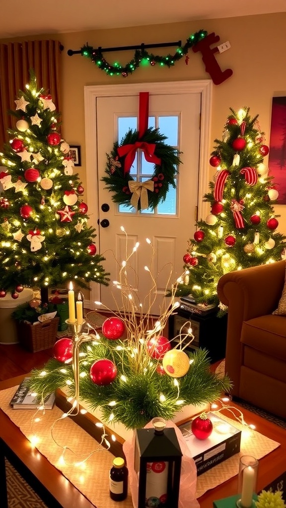 A festive living room decorated with DIY Christmas ornaments, wreaths, and a glowing centerpiece.